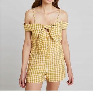 Glamorous Shorts Romper Yellow Gingham Off-Shoulder Tie Front & Pockets S/M